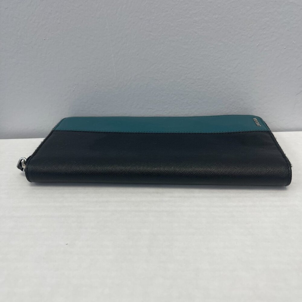 Prada Saffiano Leather Organizer Zippy Wallet in Black and Turquoise - Preowned - Picture 6 of 13